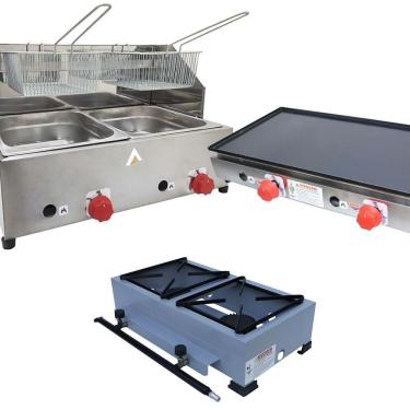 Imagem de Kit Lanchonete Fogão Portátil 2 Bocas + Chapa 60cm e Fritadeira 2 Cubas 5 Litros Alcamar