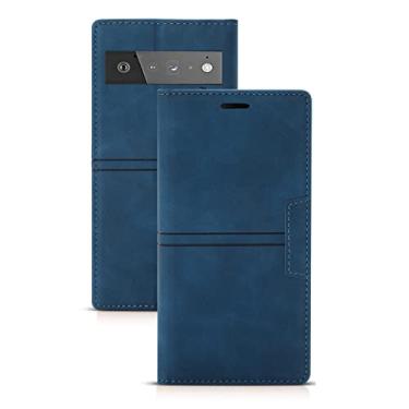 Imagem de Capa carteira para Google Pixel 6/6Pro, couro PU magnético flip folio capa com suporte para cartões e proteção de câmera à prova de choque TPU capas de proteção, azul, 6 6,3 polegadas