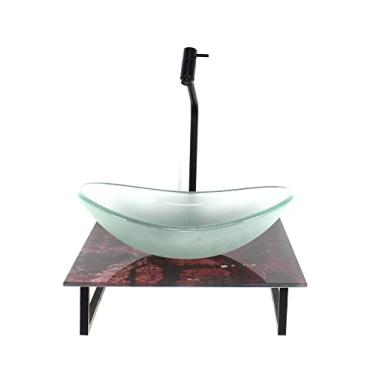 Imagem de KIT CUBA DE VIDRO OVAL 10MM JATEADA COM TAMPO DE VIDRO 40CM X 40CM MÁRMORE AVERMELHADO E SUPORTE PRETO