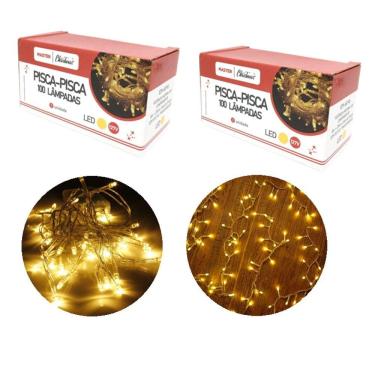 Imagem de Kit 2 Pisca Pisca 100 Lâmpadas LED Branco Quente 8 Funções 127V Total 200 Lâmpadas - Master Christmas