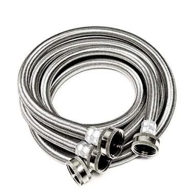 Imagem de Pacote com 2 mangueiras de máquina de lavar de aço inoxidável premium – 5 pés sem chumbo à prova de ruptura de entrada de água – Conexão universal – 10 anos de garantia