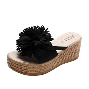 Imagem de Sandálias femininas plataforma chinelos sandálias flores salto grosso inclinação primavera e parte inferior de tecido e mulheres (preto, 8)