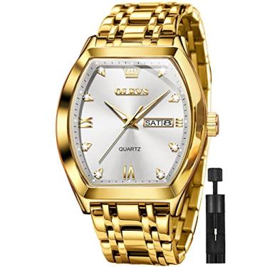 Imagem de OLEVS Relógio masculino de ouro, vestido de negócios, relógio de pulso com diamante, tonneau com cara grande, fácil leitura, aço inoxidável, à prova d'água, relógio masculino, 5528: branco, Relógio social de luxo