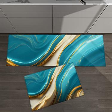 Imagem de Conjunto de 2 tapetes de cozinha mármore abstrato listrado dourado azul-petróleo para tapetes acolchoados e tapetes antiderrapantes absorventes corredor confortável tapete de pé