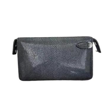 Imagem de Bolsa masculina de couro exótico genuíno com código postal Stingray Skin Stingray Skin estilo casual autêntico couro exótico masculino bolsa clutch grande capacidade preta, Preto, 22cm(Length) x