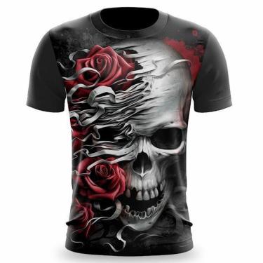 Imagem de Camisa Masculina Estampada Rosas Skull 3D Camiseta Casual-Masculino