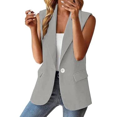 Imagem de Aniywn Blazer feminino casual com bolsos, sem mangas, com botões, jaqueta de lapela lisa, A3 - Cinza, G