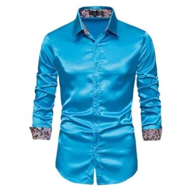 Imagem de JXQXHCFS Camisa social masculina de patchwork, casual, macia, de manga comprida, para casamento, formatura, festa, Azul, G
