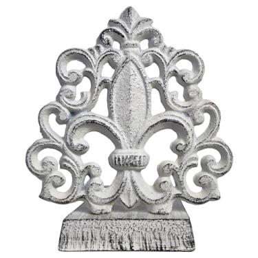 Imagem de Lulu Decor, Batente de porta Fleur De Lis de ferro fundido, tampa de porta em acabamento branco antigo, produto bonito e útil, basta inserir a base plana sob o espaço da sua porta, funciona muito bem