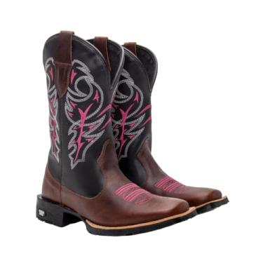 Imagem de Bota Texana Feminina Couro Country Bico Quadrado Café Delegada Tamanho:34;Cor:Marrom;Gênero:Feminino