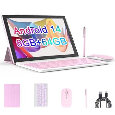 Imagem de Tablet Android 14.0, 10,1 polegadas com capa para teclado, tablets expansíveis de 8 GB + 64 GB ROM/1 TB, Quad Core, tela sensível ao toque HD, Dual Carema, jogos, Wi-Fi 6 2,4G/5G, BT, certificação
