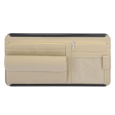 Imagem de X AUTOHAUX Estojo organizador de óculos de sol universal bege para carro, bolso de armazenamento, fita de couro PU ABS para caminhão SUV RV