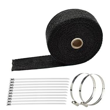 Imagem de Rolo térmico de escapamento preto de 5 cm x 1,5 m para motocicleta de carro, fita de proteção térmica de fibra de vidro com 10 peças de abraçadeiras de travamento inoxidável e 2 peças de braçadeiras