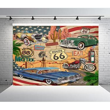 Imagem de BELECO 2,1 x 1,5 m Tecido Vintage Route 66 Tema Fotografia Pano de Fundo Quadrinhos Retrô Motel Motocicleta Carros Clássicos Rota Histórica Americana 66 Fundo para Decorações de Festa de Aniversário