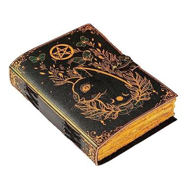 Imagem de Caderno de feitiços em branco Livro das Sombras com estampa de gatinho bruxa com 200 páginas vintage de suprimentos de bruxaria, caderno wiccan feito à mão de papel Deckle Edge Grimório Diário de couro, caderno de desenho 17,78 x 12,7 cm