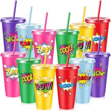 Imagem de Chuangdi 12 peças de copos de plástico de heróis de 680 g reutilizáveis com tampas e canudos, copos temáticos de herói para decorações de aniversário de heróis, lembrancinhas de festa de herói,