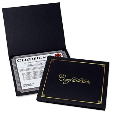 Imagem de Pastas de certificado Congratulations Black & Gold - Pacote com 50, capa de linho 36 kg. Estoque, cantos dobrados, recortados, para escritório, prêmios de negócios, graduação, titular de diploma