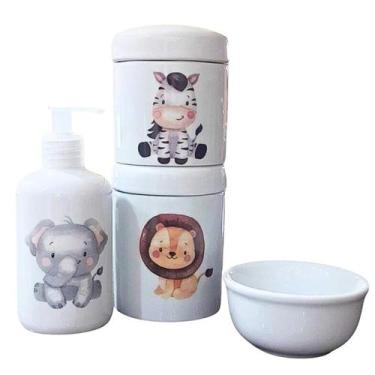 Imagem de Kit higiene bebê Safari 4 peças - potes, porta álcool e molhadeira - P