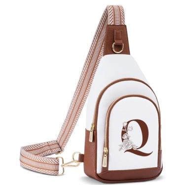 Imagem de Lizznoe Bolsa tiracolo feminina de couro com letra inicial pochete para viagem, presente para esposa e mãe, Branco/Marrom