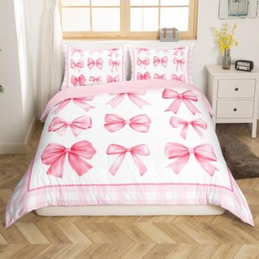 Imagem de Conjunto de capa de edredom infantil com laço rosa, tamanho Queen, xadrez geométrico, quadriculado, patchwork, decoração de quarto de meninas e mulheres, capa de colcha romântica chique, 2 fronhas