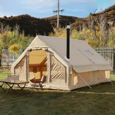 Imagem de Barracas infláveis para acampamento, casa de barraca inflável com bomba de mão, fácil configuração, 4 estações, à prova d'água, barraca de ar Oxford com conector de fogão para acampamento ao ar livre