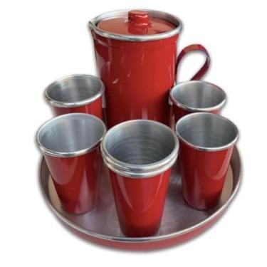 Imagem de Jogo de 6 Copos Com Jarra e Bandeja 8 Peças Kit Suco de Alumínio (Vermelho Liso)