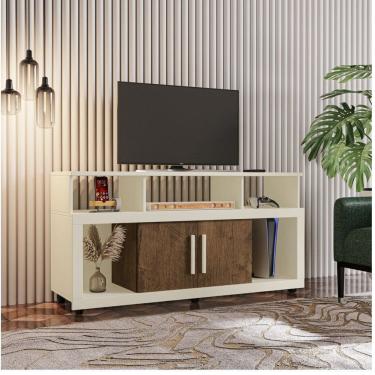 Imagem de Rack Bancada Sala com Pés de Rodinha e 2 Portas Star 135x70cm Off White /Canela