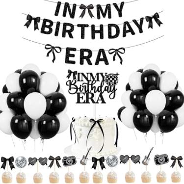 Imagem de HYELNHUA In My Birthday Era Banner Decoração de festa, balão preto e branco, decorações de aniversário de música, superstar da música, suprimentos de pulseira de amizade, pano de fundo para meninas