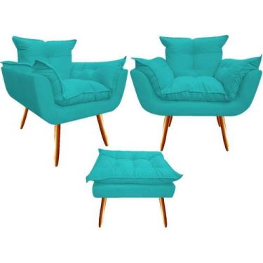 Imagem de Kit 2 Poltronas + Puff Decorativo Opala Suede Azul Turquesa Pés Madeir