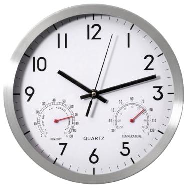 Imagem de Clockswise Relógio de parede de quartzo sem tique-taque de 30 cm com termômetro e higrômetro - Relógio analógico de alumínio operado por bateria para monitoramento de temperatura e umidade - ideal