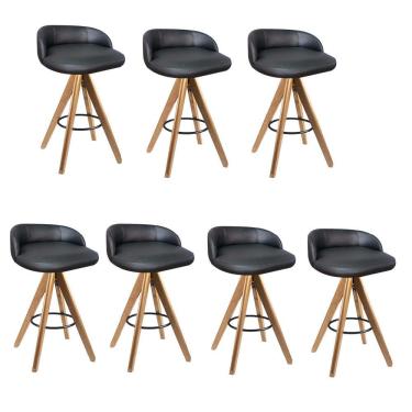 Imagem de Kit 07 Banqueta Alta Com Encosto Bali Base Giratória Madeira Sintético Preto - Amey Decor