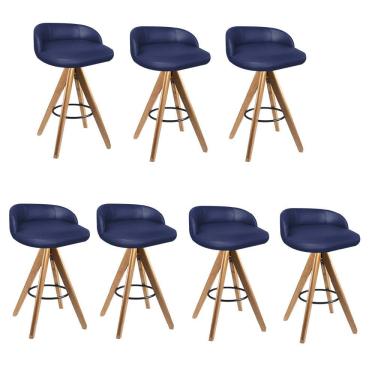Imagem de Kit 07 Banqueta Alta Com Encosto Bali Base Giratória Madeira Sintético Azul Marinho - Amey Decor