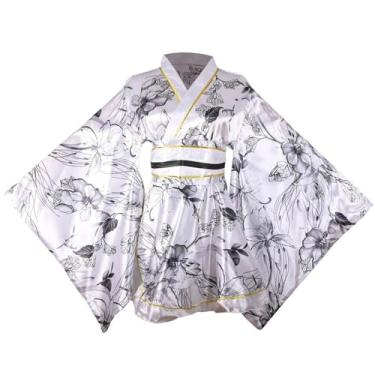 Imagem de Quimono feminino curto sexy fantasia adulta estampa de gueixa japonesa vestido de festa de Halloween vestido chique com cinto (91# branco)