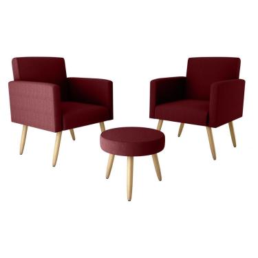 Imagem de Kit Com 2 Poltronas Decorativas 64cm e Puff Retrô Tecido Veludo Multimóveis Cr45270 Vinho Vinho