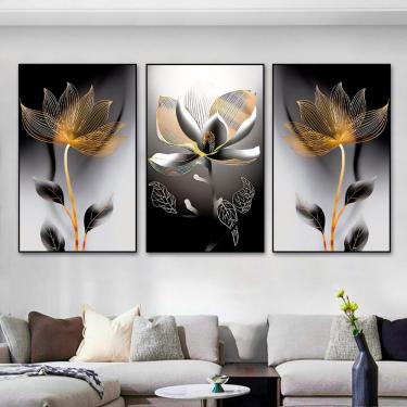 Imagem de Kit Com 3 Quadros Decorativos 60x40 Cm Floral Prateado