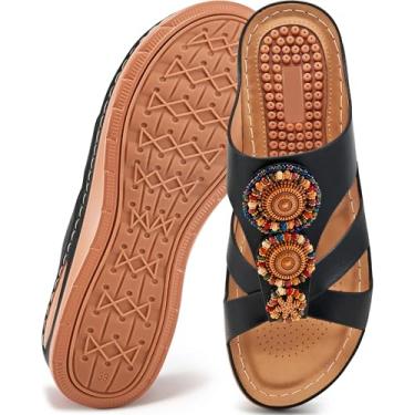 Imagem de FUDYNMALC Sandálias Ortopédicas Femininas: De Cunha Elegantes Verão Para Mulheres, Feitas À Mão, Com Miçangas, Casuais Caminhada