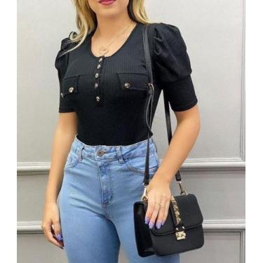 Imagem de Blusa feminina  manga princesa bufante com detalhe em botões malha can