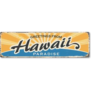 Imagem de SmartSign Placa de metal vintage Greetings From Hawaii Paradise State 4 x 14 polegadas, alumínio à prova de ferrugem de 40 mil com sobretudo transparente, decoração de parede retrô, multicolorido