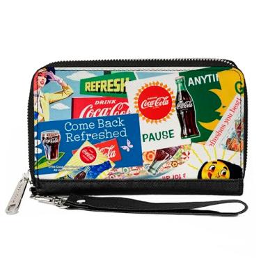 Imagem de Carteira Coca-Cola, zíper ao redor, colagem de ícones e anúncios atualizados da Coca-Cola vintage, couro vegano
