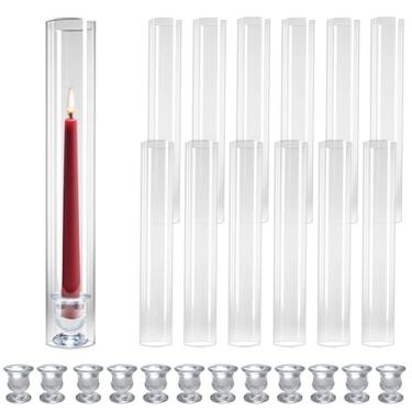 Imagem de Pacote com 12 castiçais de vidro Hurricane - Cilindros abertos transparentes de 35 cm de altura para velas de pilar - Inclui castiçais cônicos de 6 cm - Centro de mesa de casamento, evento e decoração