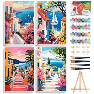 Imagem de Pacote com 4 kit de pintura por números para adultos com paisagem de cidade, pintura emoldurada por número para adultos iniciantes com cavalete de madeira, pintura DIY à beira-mar por números em tela
