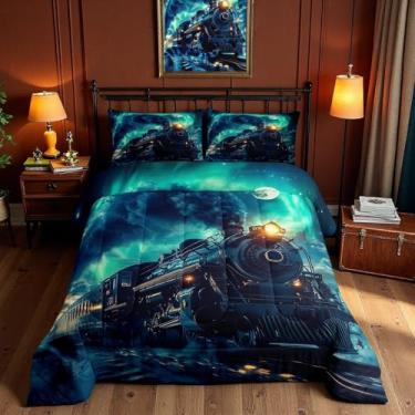 Imagem de Conjunto de cama vintage com motor a vapor, trem antigo, para meninos, crianças, retrô, locomotiva, transporte ferroviário, turquesa, galáxia estrelada, conjunto de colcha, ciano