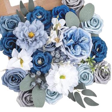 Imagem de Arranjo de flores artificiais, rosas roxas e brancas mistas, dálias e cravos, conjunto floral de seda decorativo (azul escuro)