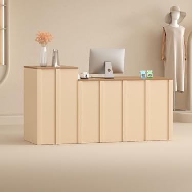 Imagem de DIHRVTHC Mesa de recepção moderna, balcão de caixa, mesa de recepção, recepção, mesa de recepção, mesa de recepção pequena para pequenos espaços, bar, loja, hotel, saguão (amêndoa + madeira)