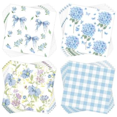 Imagem de Crtiin Pacote com 50 guardanapos florais azuis sortidos para decoupage 4 em 1 guardanapos decorativos de decoupage de hortênsia verão bonito coquetel artesanato papel decoração para casamento