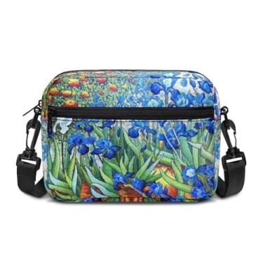 Imagem de Jolamirel Bolsas transversais femininas Vincent Van Gogh Art Bolsa transversal, pintura Claude Monet bolsa de ombro pequena para câmera, Íris
