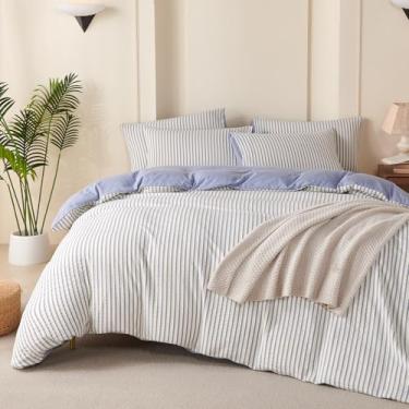 Imagem de Conjunto de edredom King Size azul listrado macio de microfibra lavada, 3 peças, branco, azul, estampa de listras verticais, edredom com 2 fronhas, respirável, durável, confortável