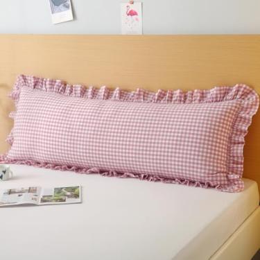 Imagem de Silnuo Capa de travesseiro vintage rosa/branco xadrez com babados algodão lavado casa de fazenda xadrez guingão 1 peça fronha para sala de estar 50,8 cm x 137,2 cm