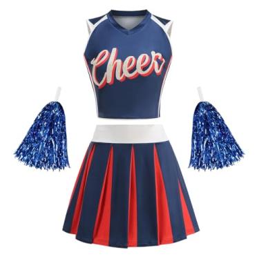 Imagem de GRAJTCIN Fantasia de líder de torcida para mulheres, uniforme de líder de torcida para adultos, fantasia de festa de Natal de Halloween (P, azul marinho)