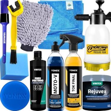Imagem de Kit Lavagem Completa Para Moto Carro Shampoo Moto-V Revitalizador de plasticos Rejuvex Cera Cristalizadora Tok Final Vonixx pneu Pretinho Vintex +Pulverizador Detailer
